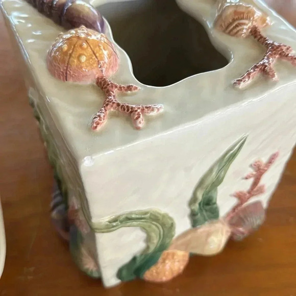 Vintage Coastal Ceramic Seaweed & Coral Design Set Seashell Dish & Tissue Holder - Picture 16 of 17
